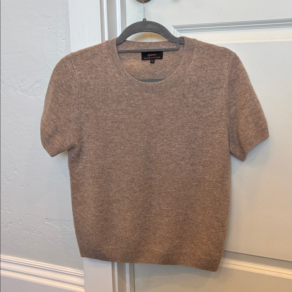Quince tan/brown Mongolian cashmere Crew Neck Sweater short sleeve